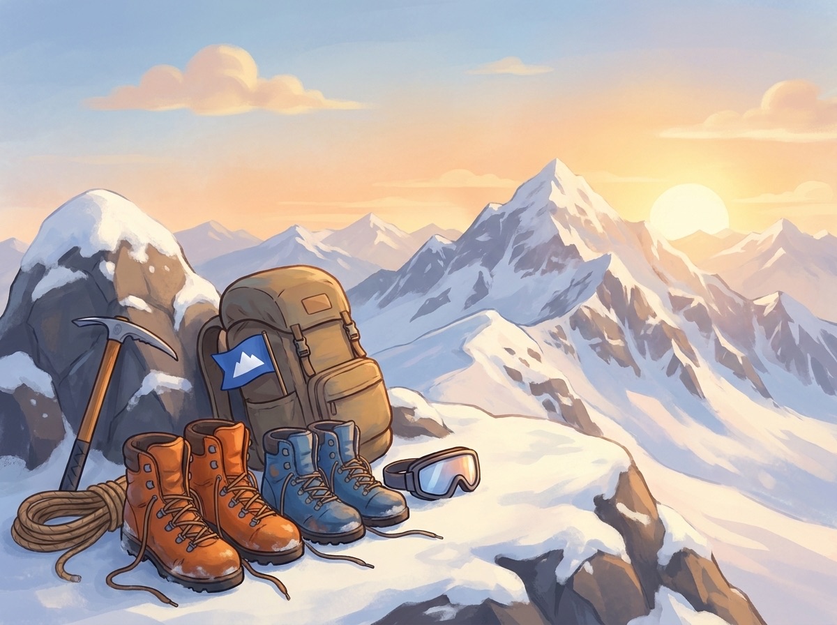 Two pairs of climbing boots, a rope, an ice axe and a pack with the Camp45 flag, resting on a ridge at sunrise